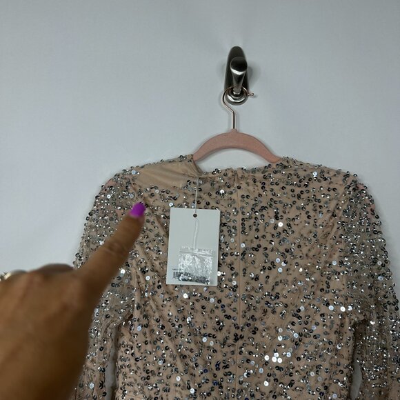 FLAW Mac Duggal Fully Sequined Ruffle Tiered 3/4 Sleeve Midi Dress Nude 8 #A0081 - Picture 8 of 11